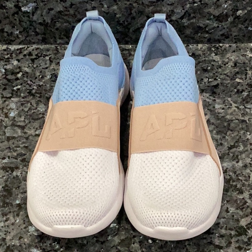 Preowned APL Athletic Sneakers Blue, White, Tan Size 8 (Item#S039)